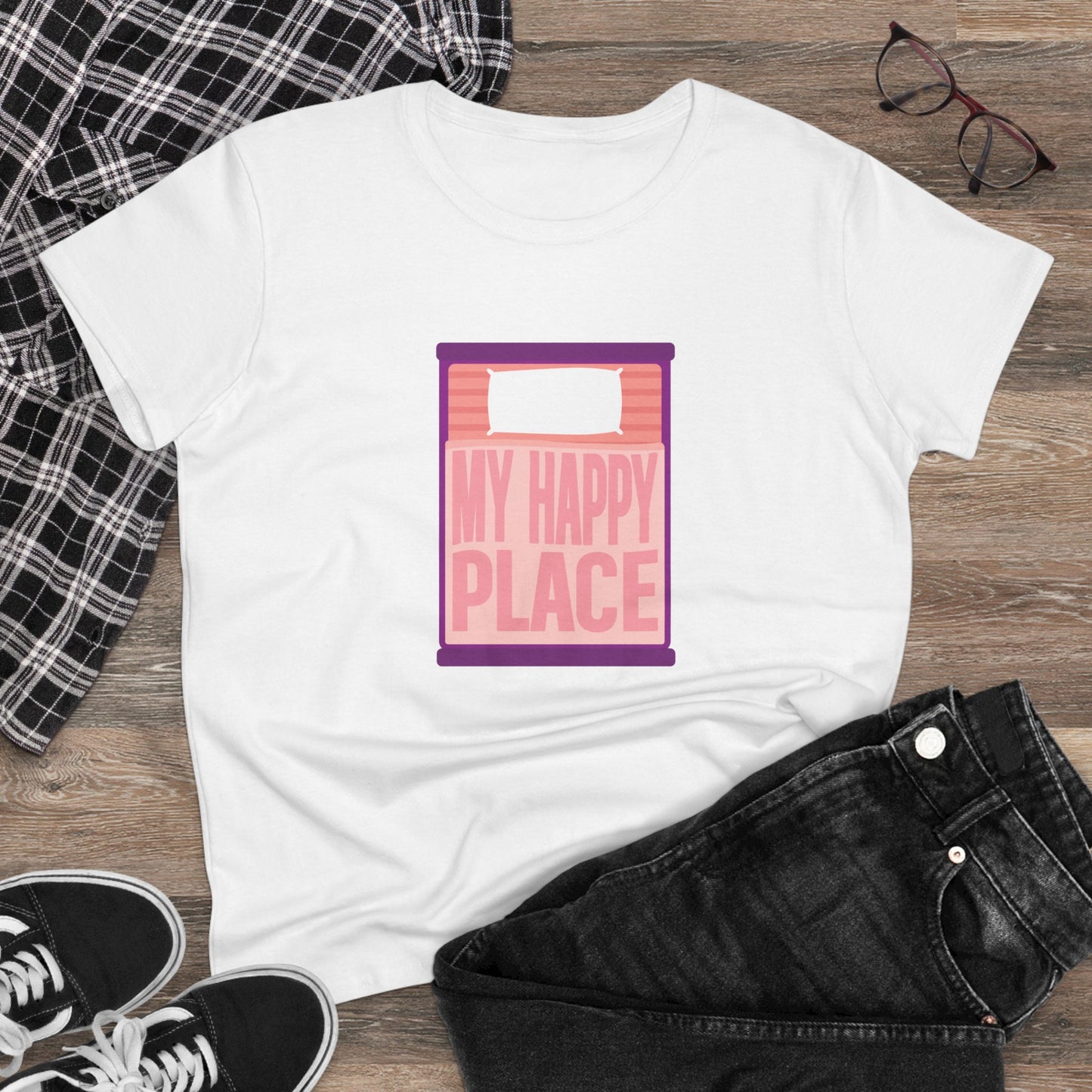 My Happy Place, MY Bed Women's Shirt | Fun Shirt for Sleep Lovers and Relaxed Gift Idea